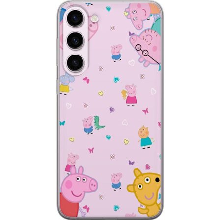 Kompatibelt Mobildeksel til Samsung Galaxy S23+ Peppa Gris med en baby i armene, mamma gris motiv i fargerik og myk barneillustrasjon med hjerter