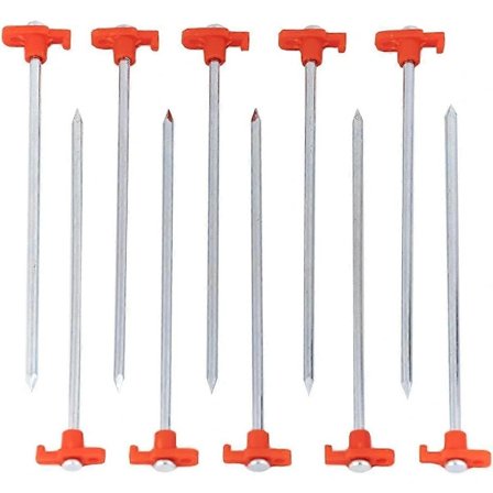 Stort, kraftig, stormsikkert sett med 10 galvaniserte, rustfrie teltplugger i stål. Disse harde markpluggene i stål er ideelle for hard og steinete...