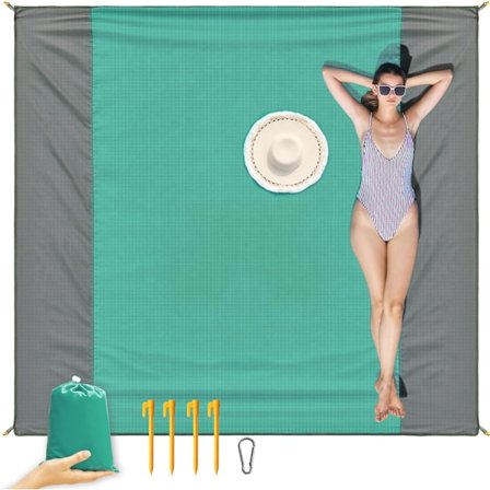 Strandfilt Picknickfilt, Extra Stor 210 x 200cm/79 * 83IN Vattentät Sandtät Vattenavvisande Strandmatta med 4 Fasta Spikar, Förstärkt Kant