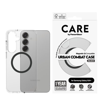 PanzerGlass CARE Galaxy S25+ Urban Combat Qi deksel (sort) Slank design, glatt grep, Qi-kompatibel, laget av resirkulert materiale