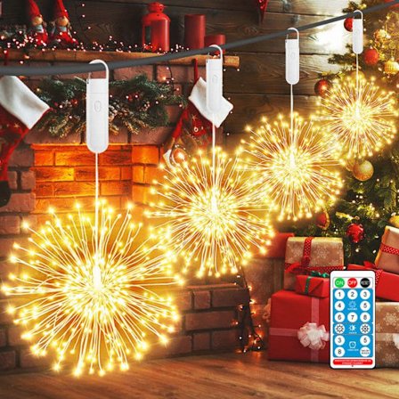 ROSNEK Set med 4 Återuppladdningsbara Julfyrverkeri Ljusgirlander med Fjärrkontroll Timer, Utomhusdekoration