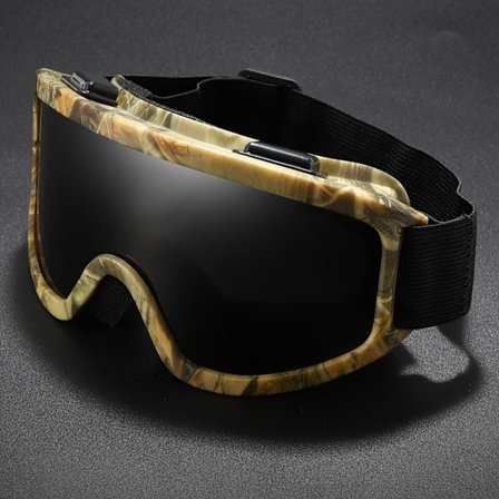 Et par unisex, flerfargede klatre- og skibriller med stor ramme og fargerike linser.