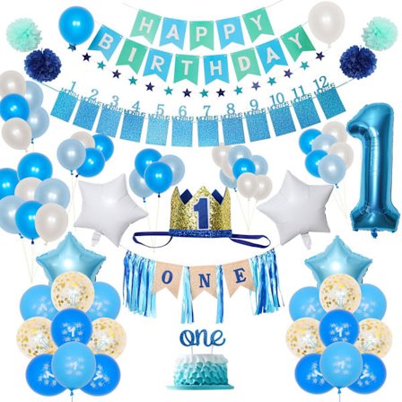 Ballongdekorasjon for bursdagsscene, gutt, ett år gammel, bursdagsfestlokale, ballongsett