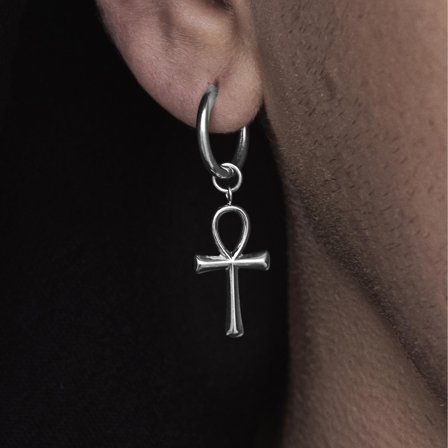 Pendiente de aro de acero plateado con colgante de Anj para hombres - Pendientes de aro con colgante