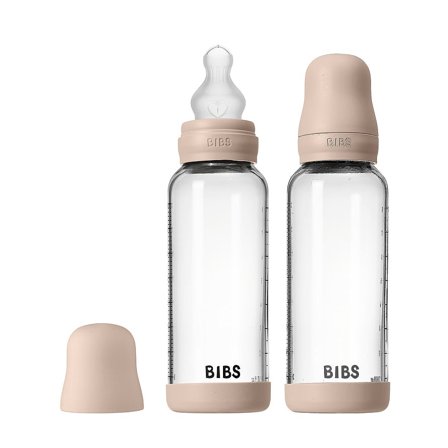 BIBS Glass Baby Bottle Round Silicone 2-Pak Blush 240 ml Medium Flow, Børn & Forældre, Sutteflasker & Tilbehør, Sutteflasker