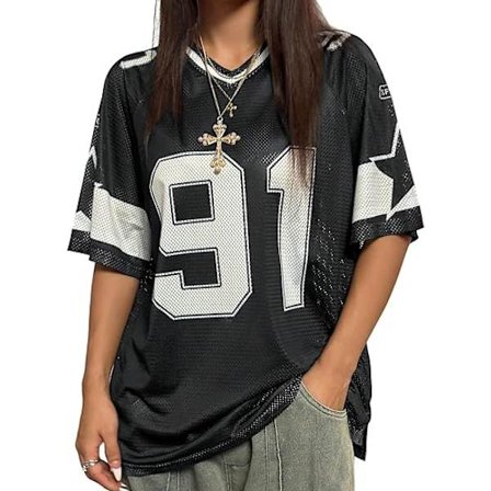 Grafisk fotballtrøye for dame V-hals Kortermet Løs T-skjorte Streetwear - Svart - Størrelse M_sai