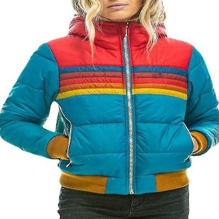 Dam Regnbåge Dragkedja Vinter Dunvadderad Casual Randig Jacka med Huva Blå Blå