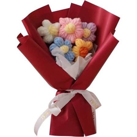 Strikket Puf Blomsterbuket - Håndlavede Mini Hæklede Blomster til Dimissionsgaver, Boligindretning (Rød)