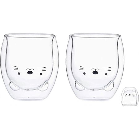 Söta Muggar Dubbelväggisolerade Glas Espressokopp Kaffekopp, Tekopp, Mjölkkopp, Gåva för Personlig Födelsedag och Kontor 250ml/8.4oz (Söta Muggar katt