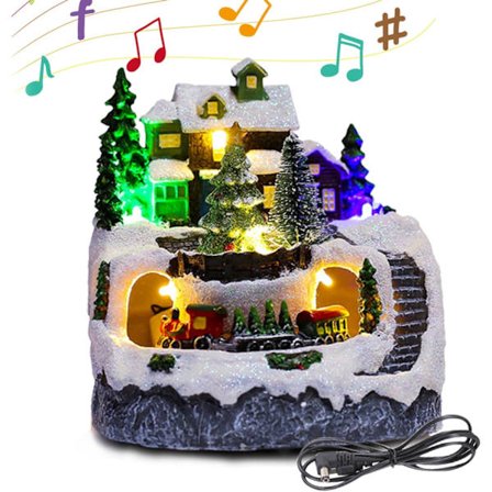 Julelandsby med lys, musikalsk julestad med et roterende tog og lysshow, et julelandsby lysshow, LED julestad