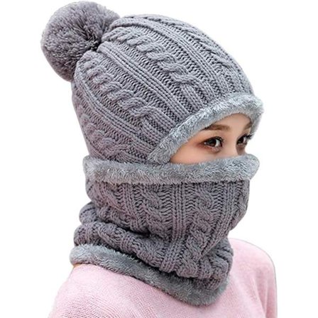 Vinterhue Huer One-Piece Fleece Foret Knit Balaclavas Maske Sæt Skull Hals Cirkel Halstørkløft Ski Sne Hat Cap med Pompom