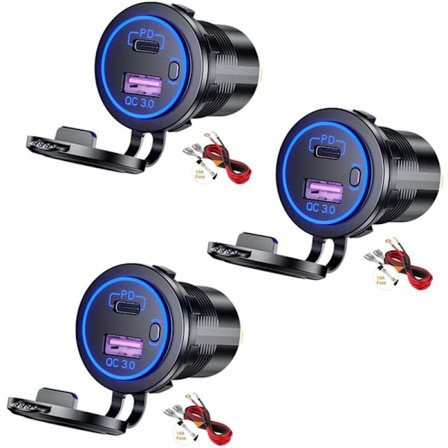 3X USB PD Biloplader Type C og QC 3.0 12V Stikkontakt med Tænd/Sluk-knap til Motorcykel RV ATV, Blå