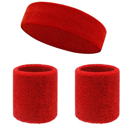 Sportshodebånd og armbåndsett, frottéhåndkle i bomull, egnet for sport og fitness (3-delt sett) Rød,
