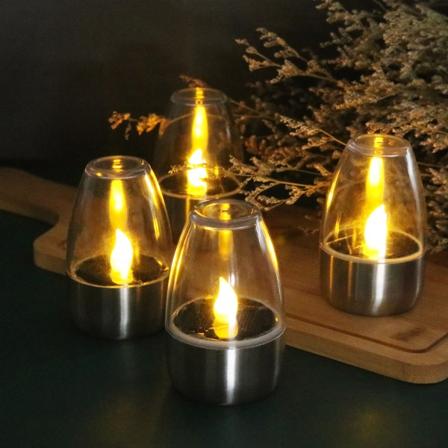 Set med 6 utendørs LED-solbordlamper/stearinlys, rustfritt stål plast telys, IP44 sprutsikker, flimrende lys, dekorlampe
