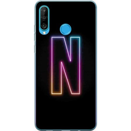 Kompatibel Mobilcover til Huawei Huawei P30 lite Minimalistisk neonbogstav N i farveskiftende lys mod sort baggrund
