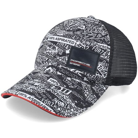 Porsche - Zwart trucker Cap - Porsche Motorsport Quoted All Over Print Black Trucker @ Hatstore