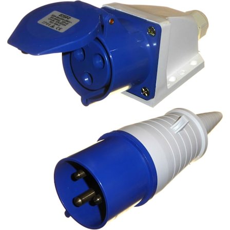 32 Amp 3-stiftskontakt & utanpåliggande uttag 230V IP44 32A 2P+E 1-fas Inomhus/Utomhus Regnsäker Industriell 32A IEC Blå