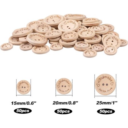 Træknapper, 150 stk. Håndlavede Knapper, 2 Huller Naturtræ