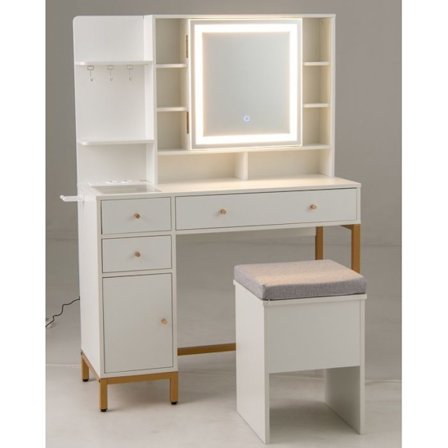 Sæt med Frisøre og Skammel med Belyst Spejl COSTWAY, Opladningsstation med LED Lys i 3 Farver, Skuffer, Glasplade