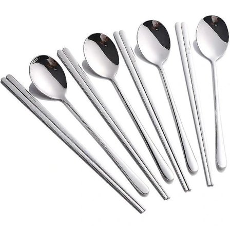 /EA/Koreanske spisepinde og skeer i rustfrit stål, 4-delt 8-pak sølvbestik til asiatisk mad