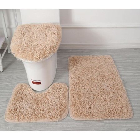 Myke baderomsmatter i mikrofiber, 3-delt sett, badematte + konturmatte + toalettsetetrekk, sklisikre baderomsmatter med PVC-punktflanellbakside