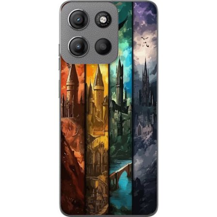 Kompatibel Mobilcover til Motorola Motorola Moto G15 Fire magiske slotte i forskellige elementfarver, episk fantasykunst med ild vand luft og mørke i