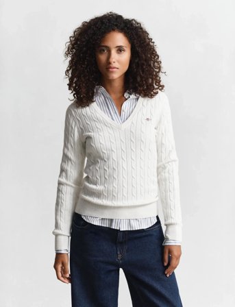 GANT Stretch Cotton Cable V-Neck - White - XXXL