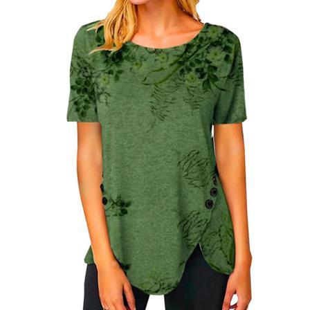 Print T-shirt För Kvinnor Med Blad Tryckt T-shirt