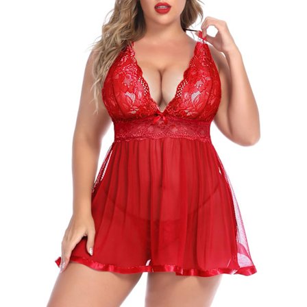 Kvinnor Plus Size Babydoll Underkläder Set Chemise Mesh