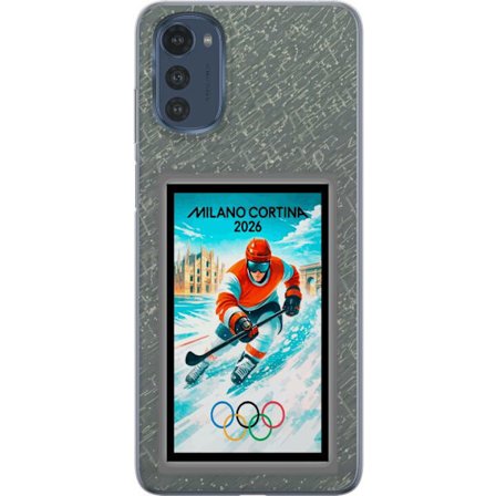 Yhteensopiva Puhelinkuori Motorola Moto E32s Curlingkuvitus pelaajilla ja kivillä jäällä, Milano Cortina 2026, lumisia roiskeita ja olympiasormukset