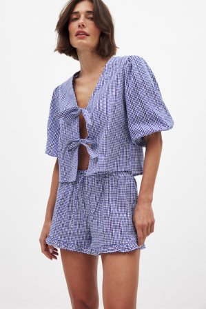 NA-KD weite Baumwollshorts mit mittlerer Taille - Sommerset - CheckeRot - EU 36