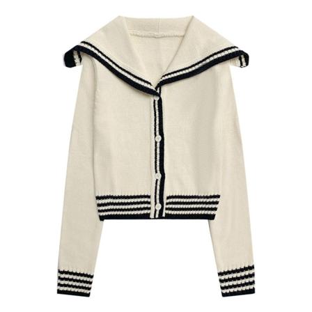 Kvinnor Stickat Höst Vinter Tröja Sjömanskrage Kort koreansk stil Ins Cardigan Stripes Apricot 98*62.5*47cm