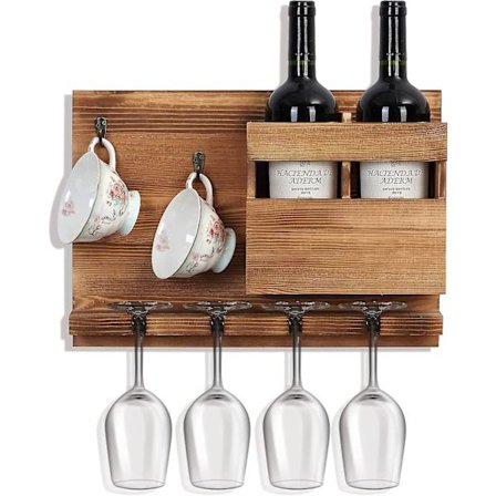 Väggmonterat vinställ med glas- och kopphållare, tjockat furuträ, rustikt vinställ, förvaring för vinflaskor, presenter till vinälskare, mamma
