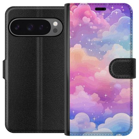 Kompatibelt Lommeboketui til Google Pixel 9 Pro XL Søt enhjørning med regnbuefarget hår mot en stjernebelagt pastellbakgrunn i kawaii-stil