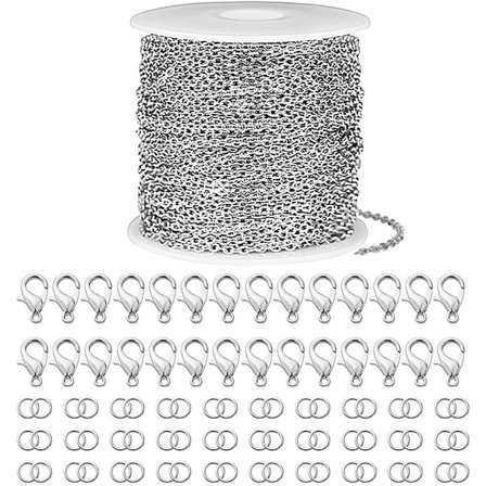 5 m kjede, 2,4 mm rustfri stålkabelkjede, sølvhalskjede, håndverk, lenkekjede, sølv DIY-kjede med 30 karabinkroker og 60 hoppringer