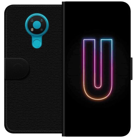 Yhteensopiva Lompakkokotelo Nokia Nokia 3.4 Minimaalinen neonkirjain U kirkkaalla valaistustehosteella mustaa taustaa vasten