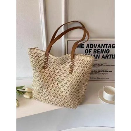 Håndtaske stråtaske dame sommer strandtaske håndtaske vævet taske pendler skuldertaske stråtaske (benhvid) off white