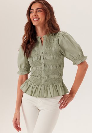 Bubbleroom - Short Sleeve Cotton Smock Blouse - Light green - Kläder