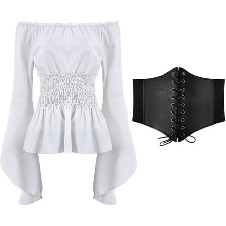 Renässansblus för damer Korsett Midjebälte Medeltida viktoriansk off-shulder långärmad skjorta Pirate Cosplay Kostymer White X-Large