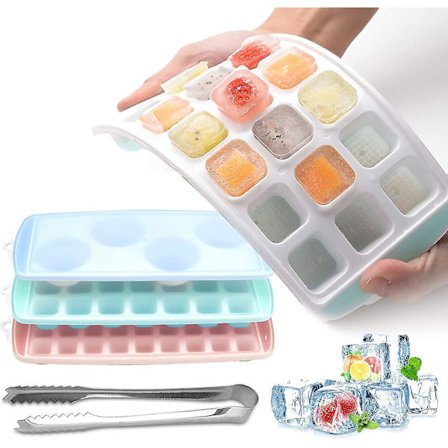 Silikone isterningform med låg, 3 stk. stable isterningbakke med pincet