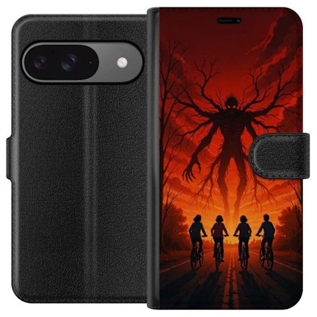 Kompatibelt Plånboksfodral till Google Google Pixel 9 Mörk Stranger Things-inspirerad skräckillustration med röd himmel, monsterfigur och cyklande