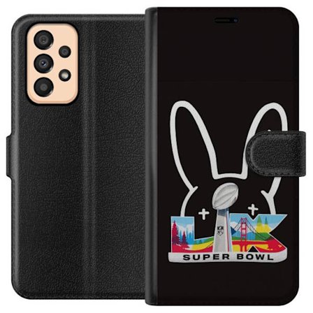 Kompatibelt Lommeboketui til Samsung Galaxy A33 5G Bad Bunny portrett med åpen skjorte, tatoveringer og krøllete hår i stilfull motefotografering