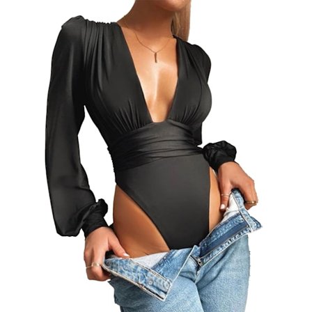 Damtoppar med V-ringning Sexiga långärmade bodys