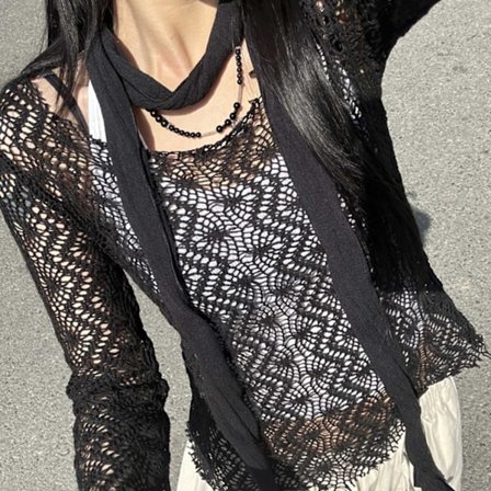 Dam Hollow Top Långärmad Skjorta V-ringad Topp Enfärgad Skjorta Sommar Trendig Topp Svart S