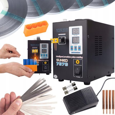 Pistehitsauslaite Sunkko 737G Paketti – Jalkapoljin | LED-Valo | 5X Nikkeliteippi 1M | Akkujen Rakentamiseen