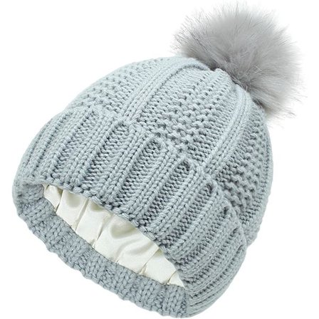 Vinter Dam Knit Beanie Hat med Icke-Avtagbar Pompom Satin Foder Varm Beanie Silke Foder Virkad Utomhus Mössa