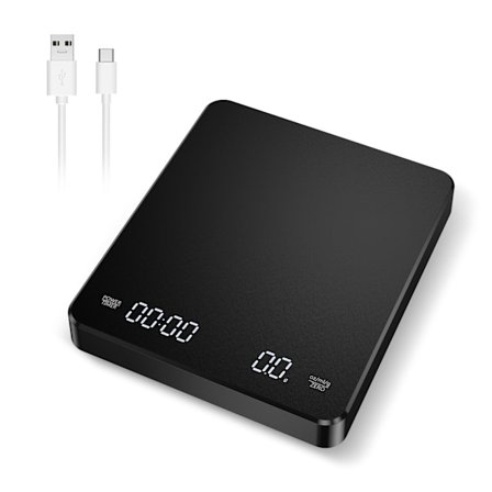 Oppladbar kaffeskala med timer | 0,1 g presisjon Espresso & Pour Over-vekt | 3000 g kapasitet | Type-C-lading | g/oz/ml-enheter