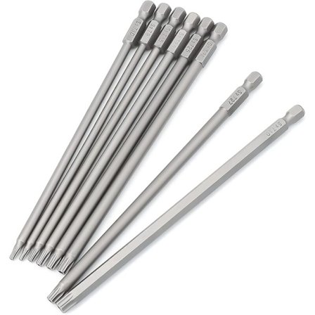 Set med 8 - 150 mm långa Torx-bits för skruvmejslar och elektriska skruvmejslar - Magnetiska bits - 1/4" sexkantsfäste - Storlekar T6 till T40