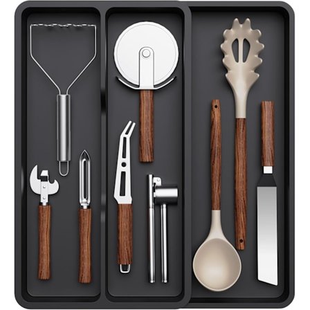 Uttrekkbar 2 til 3 roms bestikkbrett for skuff plast, for skjeer, gafler, kniver, svart