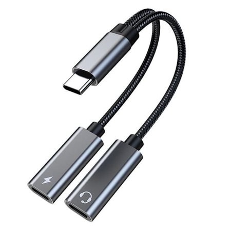 USB-C Splitter, Dobbelt USB-C Hovedtelefoner og Oplader Adapter med TA2H-R2L60 Grå